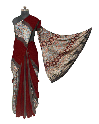 Plain Dyeing Modal Silk Part Natural Dye Half Ajrakh Hand Block Print Saree with Blouse Piece     -  SKU : 0095