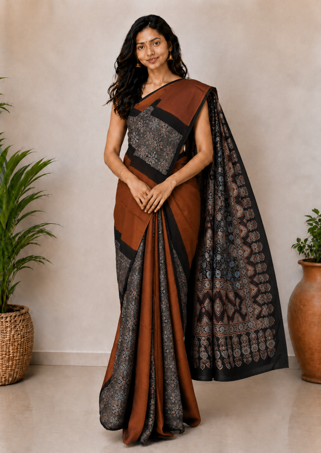 Plain Dyeing Modal Silk Part Natural Dye Half Ajrakh Hand Block Print Saree with Blouse Piece - 5.5 Mtr Length    -  SKU : 0095-RUBK