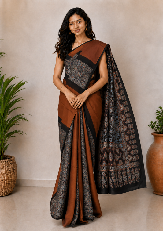 Plain Dyeing Modal Silk Part Natural Dye Half Ajrakh Hand Block Print Saree with Blouse Piece - 5.5 Mtr Length    -  SKU : 0095-RUBK