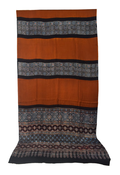 Plain Dyeing Modal Silk Part Natural Dye Half Ajrakh Hand Block Print Saree with Blouse Piece - 5.5 Mtr Length    -  SKU : 0095-RUBK