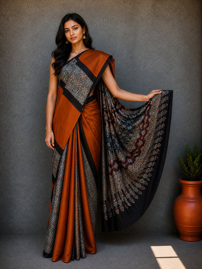 Plain Dyeing Modal Silk Part Natural Dye Half Ajrakh Hand Block Print Saree with Blouse Piece - 5.5 Mtr Length    -  SKU : 0095-RUBK