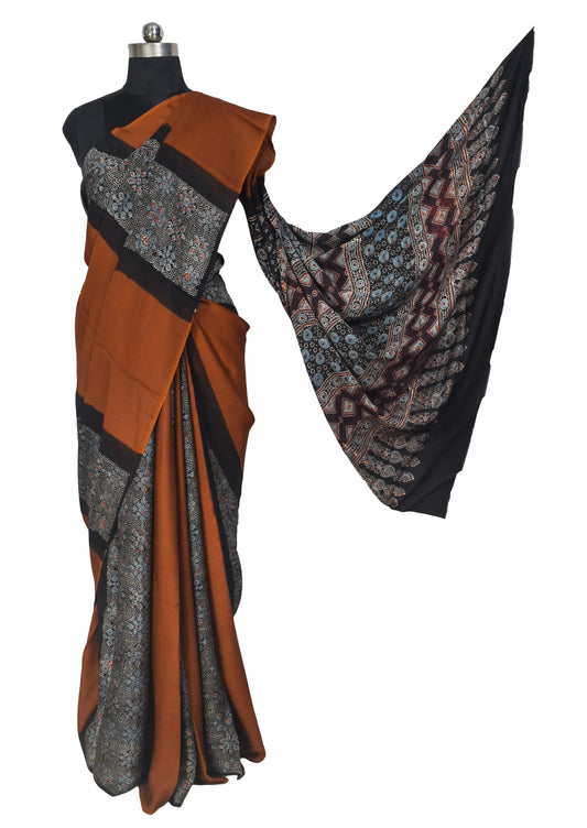 Plain Dyeing Modal Silk Part Natural Dye Half Ajrakh Hand Block Print Saree with Blouse Piece - 5.5 Mtr Length    -  SKU : 0095-RUBK