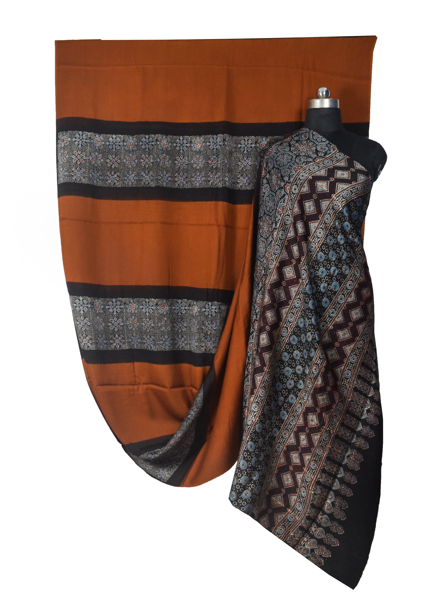 Plain Dyeing Modal Silk Part Natural Dye Half Ajrakh Hand Block Print Saree with Blouse Piece - 5.5 Mtr Length    -  SKU : 0095-RUBK