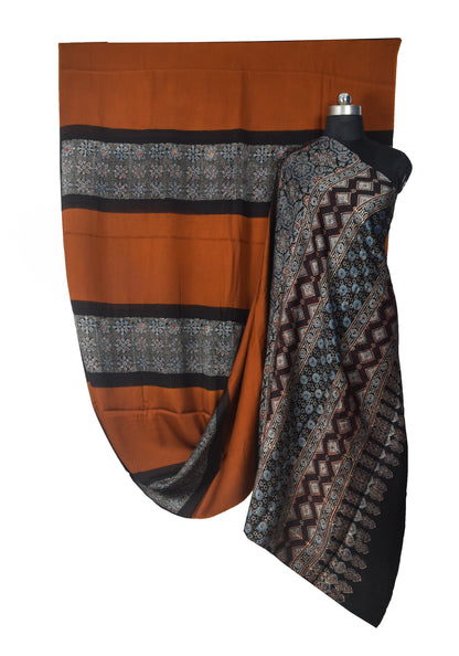 Plain Dyeing Modal Silk Part Natural Dye Half Ajrakh Hand Block Print Saree with Blouse Piece - 5.5 Mtr Length    -  SKU : 0095-RUBK