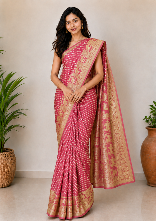 Laheryu Print Dola Silk With Full Nakshi Border Saree With Worked Blouse Piece - 5.5 Mtr Length    -  SKU : KK28901B