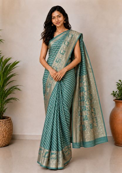 Laheryu Print Dola Silk With Full Nakshi Border Saree With Worked Blouse Piece - 5.5 Mtr Length    -  SKU : KK28901H
