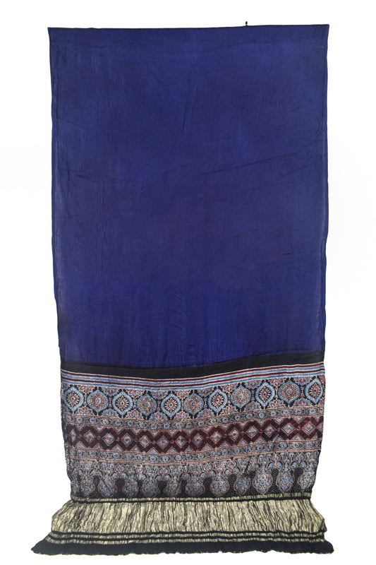 Plain Dyeing Modal Silk Part Natural Dye Natural Dye Ajrakh Pallu Saree with Golden Border - With Blouse Piece - 5.5 Mtr Length   -  SKU : 0109-NBBK