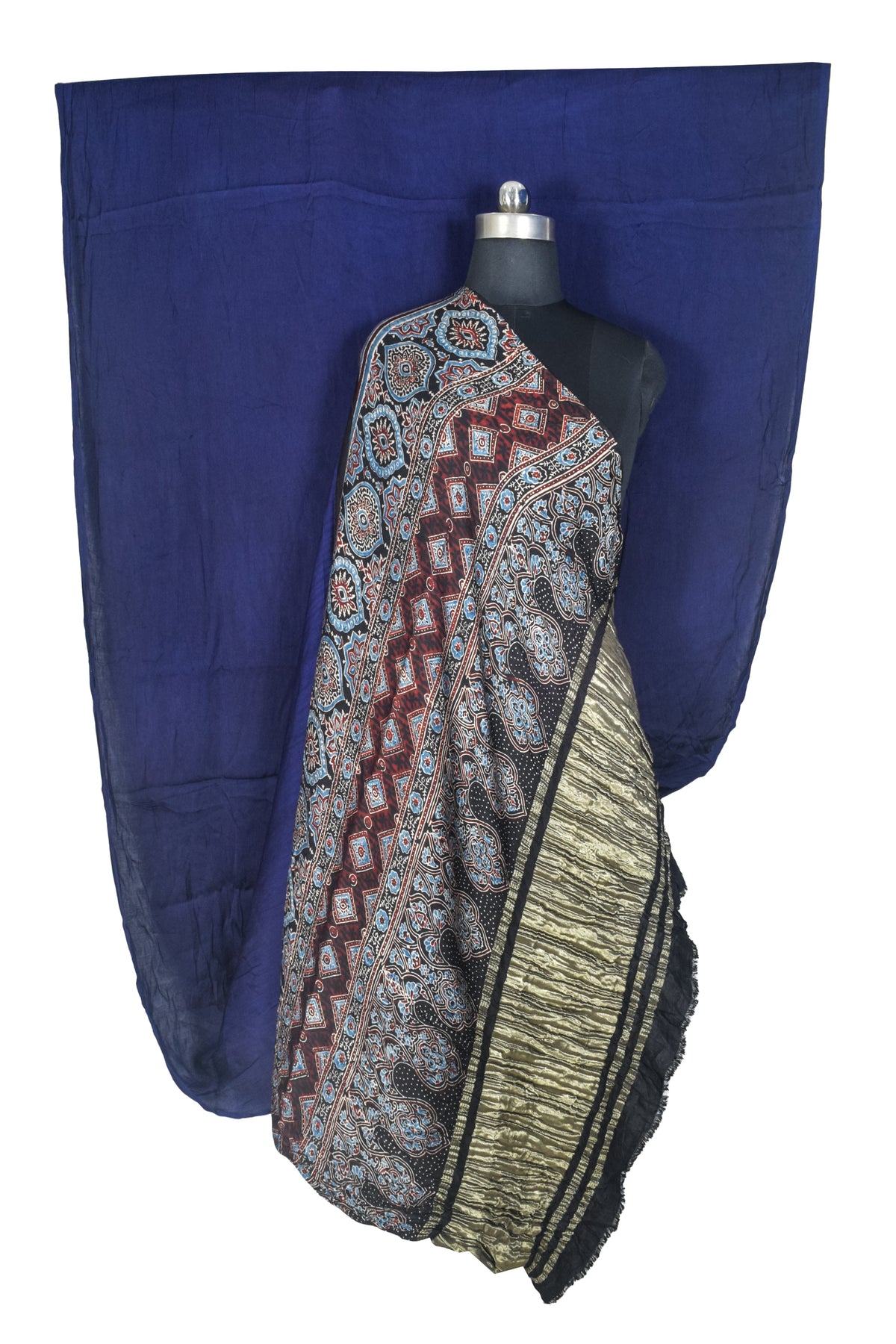 Plain Dyeing Modal Silk Part Natural Dye Natural Dye Ajrakh Pallu Saree with Golden Border - With Blouse Piece - 5.5 Mtr Length   -  SKU : 0109-NBBK