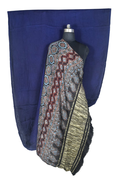 Plain Dyeing Modal Silk Part Natural Dye Natural Dye Ajrakh Pallu Saree with Golden Border - With Blouse Piece - 5.5 Mtr Length   -  SKU : 0109-NBBK