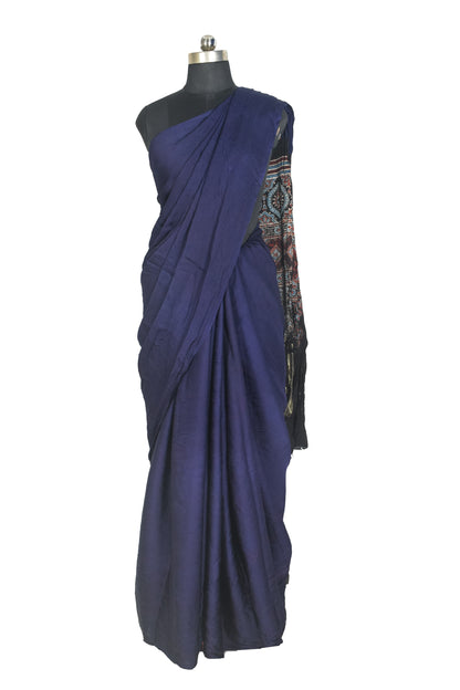 Plain Dyeing Modal Silk Part Natural Dye Natural Dye Ajrakh Pallu Saree with Golden Border - With Blouse Piece - 5.5 Mtr Length   -  SKU : 0109-NBBK
