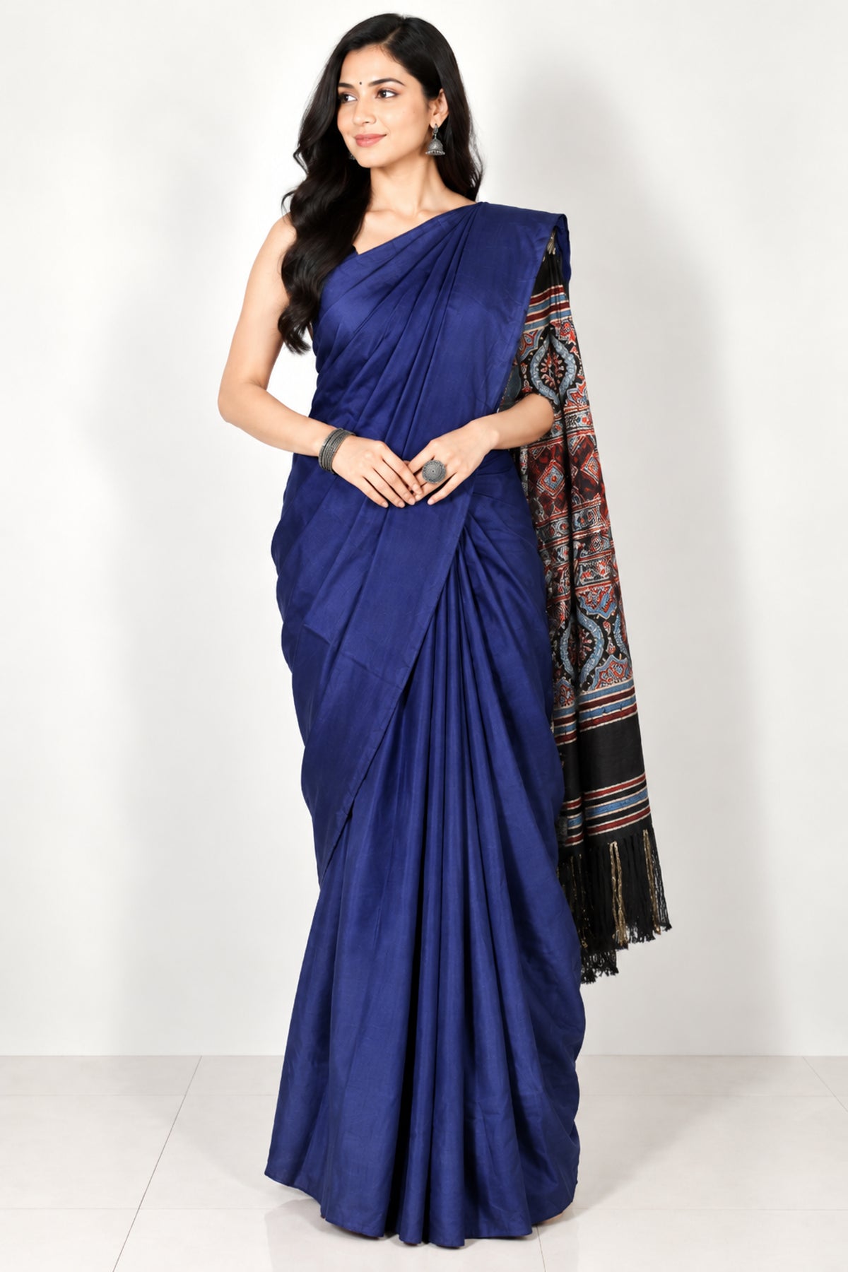 Plain Dyeing Modal Silk Part Natural Dye Natural Dye Ajrakh Pallu Saree with Golden Border - With Blouse Piece - 5.5 Mtr Length   -  SKU : 0109-NBBK