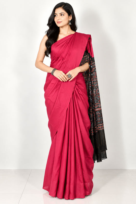 Plain Dyeing Modal Silk Part Natural Dye Natural Dye Ajrakh Pallu Saree with Golden Border - With Blouse Piece - 5.5 Mtr Length   -  SKU : 0109-PKBK