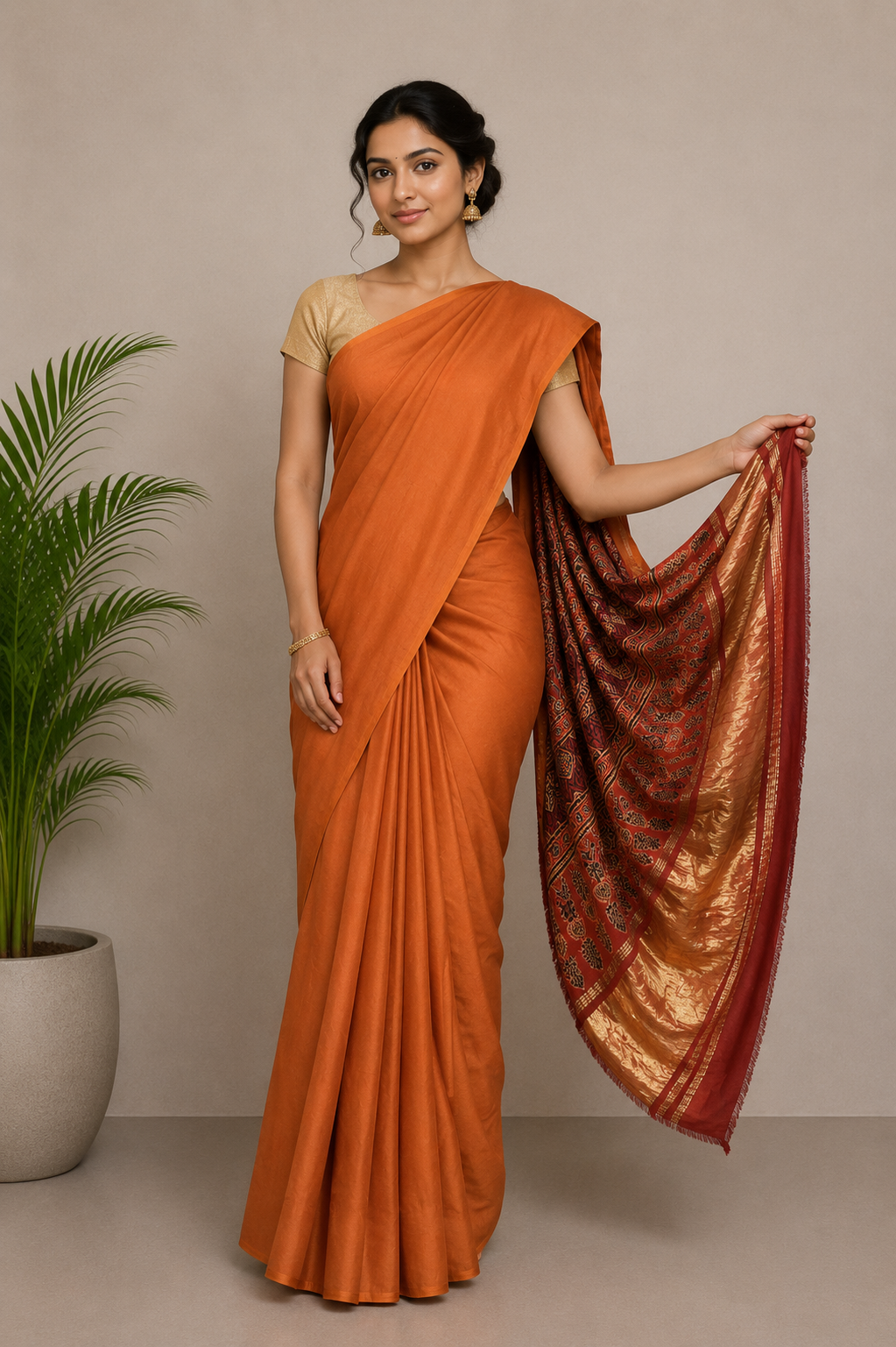 Plain Dyeing Modal Silk Part Natural Dye Natural Dye Ajrakh Pallu Saree with Golden Border - With Blouse Piece - 5.5 Mtr Length    -  SKU : 0109-RURE