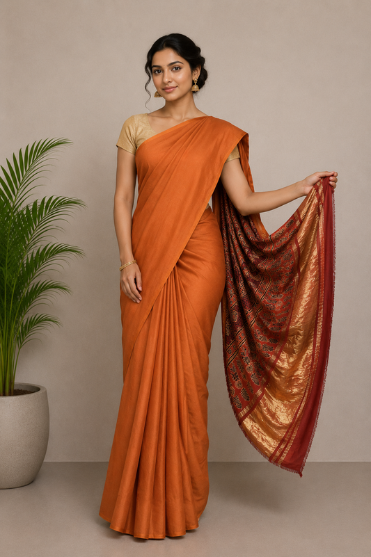 Plain Dyeing Modal Silk Part Natural Dye Natural Dye Ajrakh Pallu Saree with Golden Border - With Blouse Piece - 5.5 Mtr Length    -  SKU : 0109-RURE