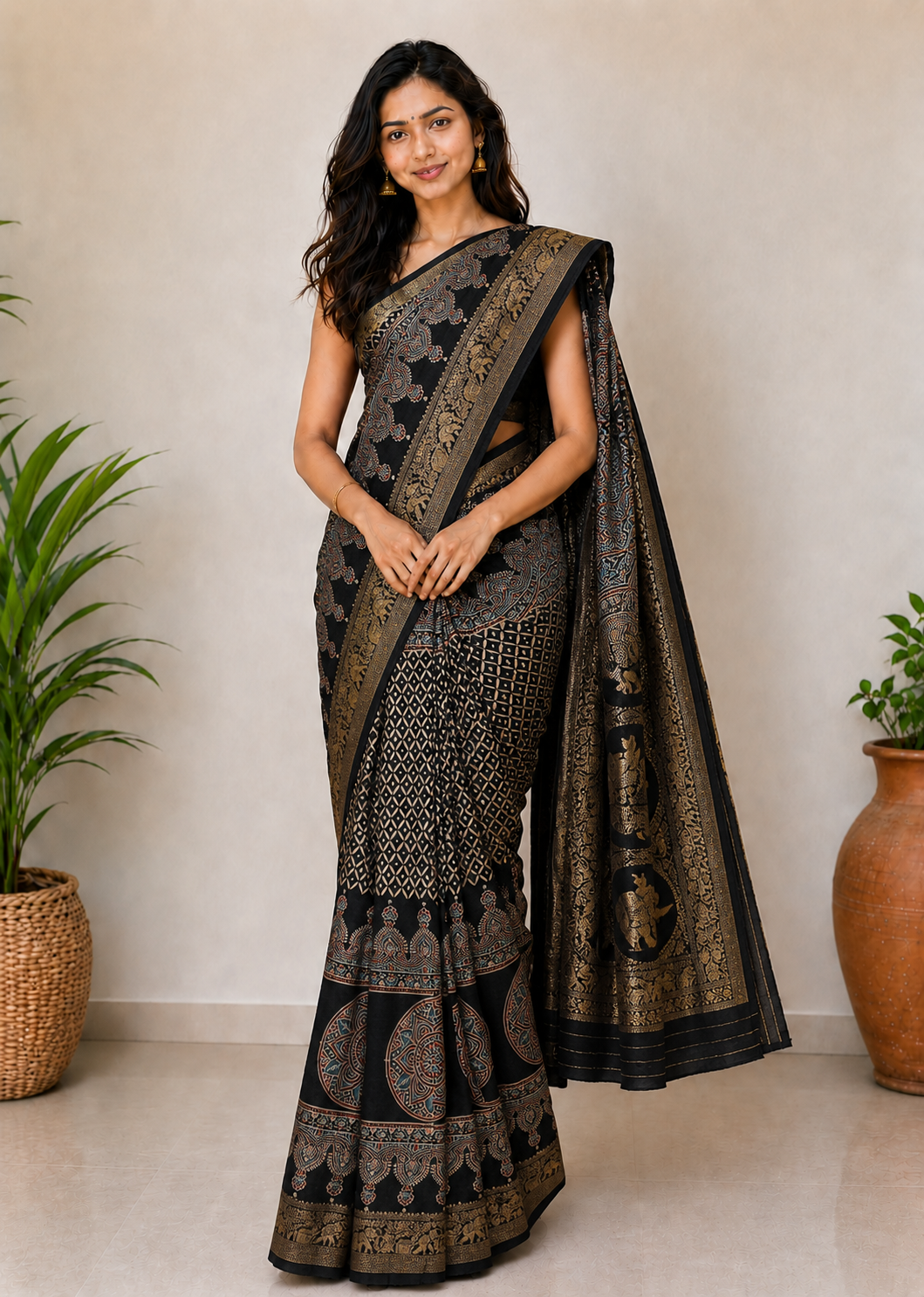 Ajrakh Dola Silk Natural Dye Hand Block Print Saree With Full nakshi Border & Pallu - With Blouse Piece - 5.5 Mtr Length    -  SKU : KK22701F
