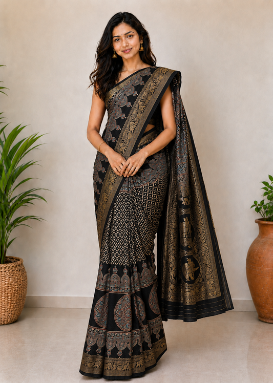 Ajrakh Dola Silk Natural Dye Hand Block Print Saree With Full nakshi Border & Pallu - With Blouse Piece - 5.5 Mtr Length    -  SKU : KK22701F