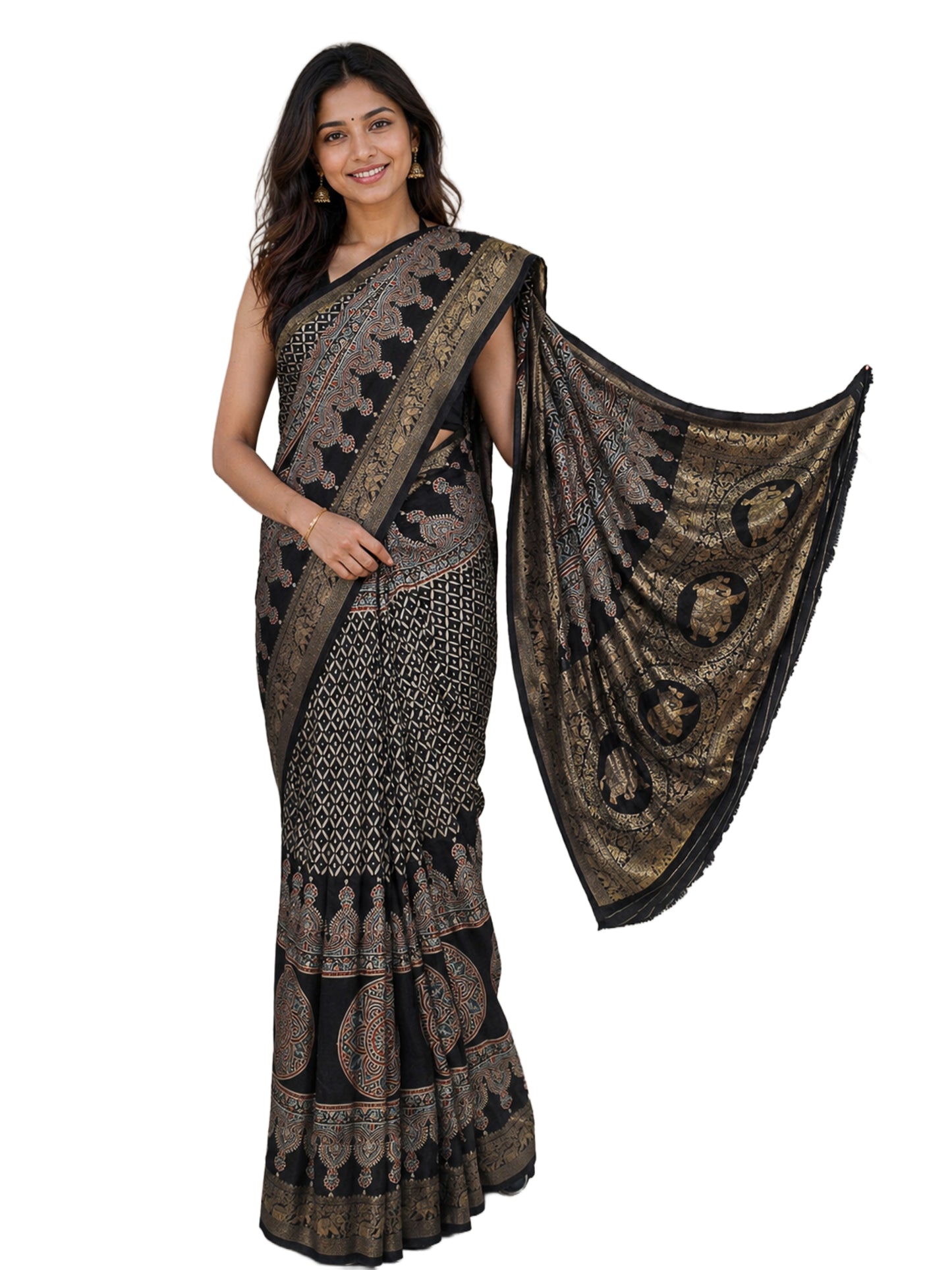 Ajrakh Dola Silk Natural Dye Hand Block Print Saree With Full nakshi Border & Pallu - With Blouse Piece - 5.5 Mtr Length    -  SKU : KK22701F