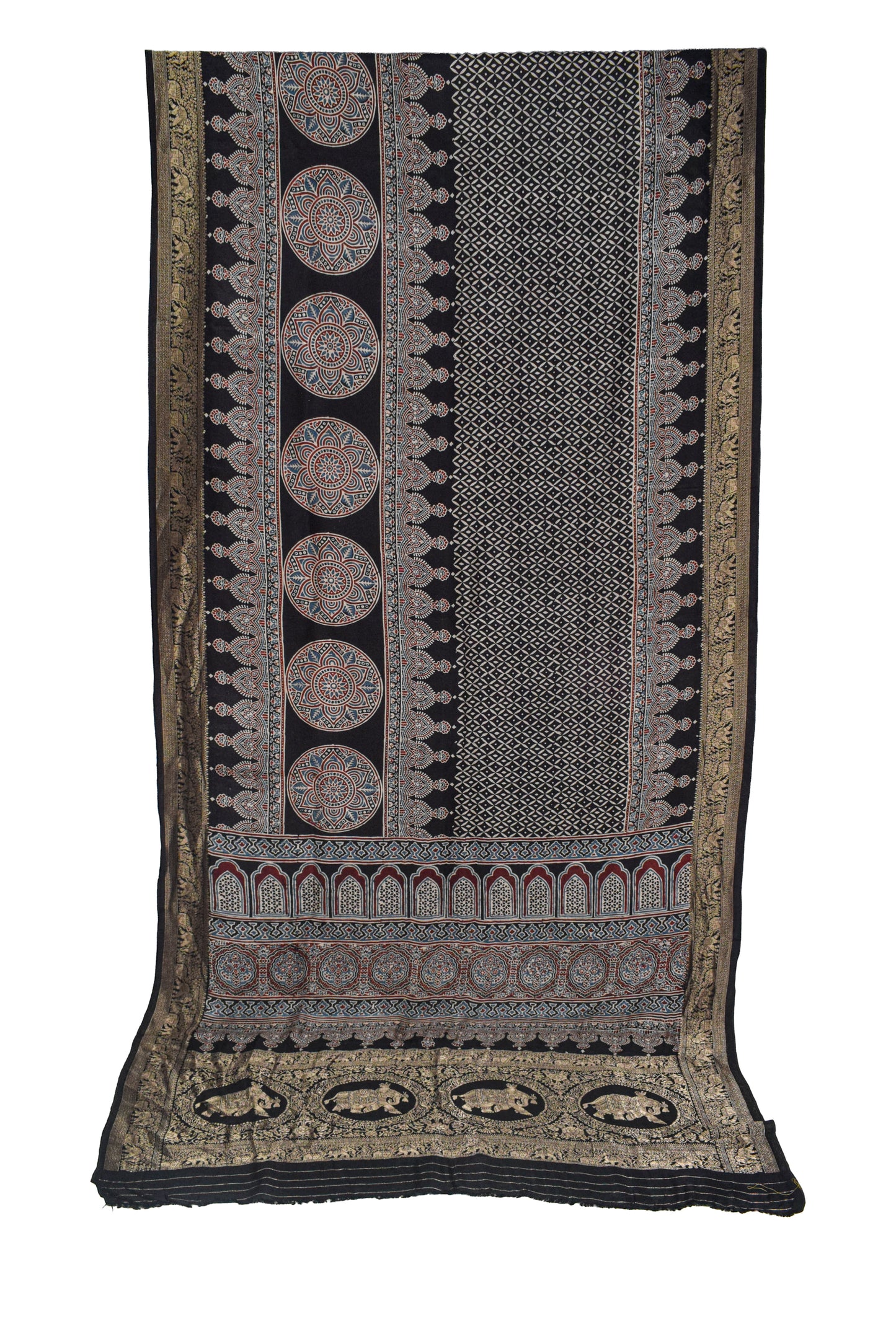 Ajrakh Dola Silk Natural Dye Hand Block Print Saree With Full nakshi Border & Pallu - With Blouse Piece - 5.5 Mtr Length    -  SKU : KK22701F
