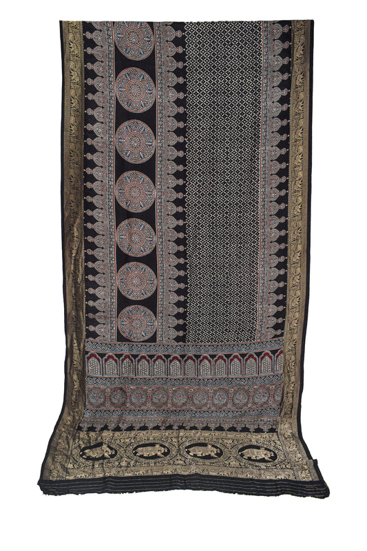 Ajrakh Dola Silk Natural Dye Hand Block Print Saree With Full nakshi Border & Pallu - With Blouse Piece - 5.5 Mtr Length    -  SKU : KK22701F