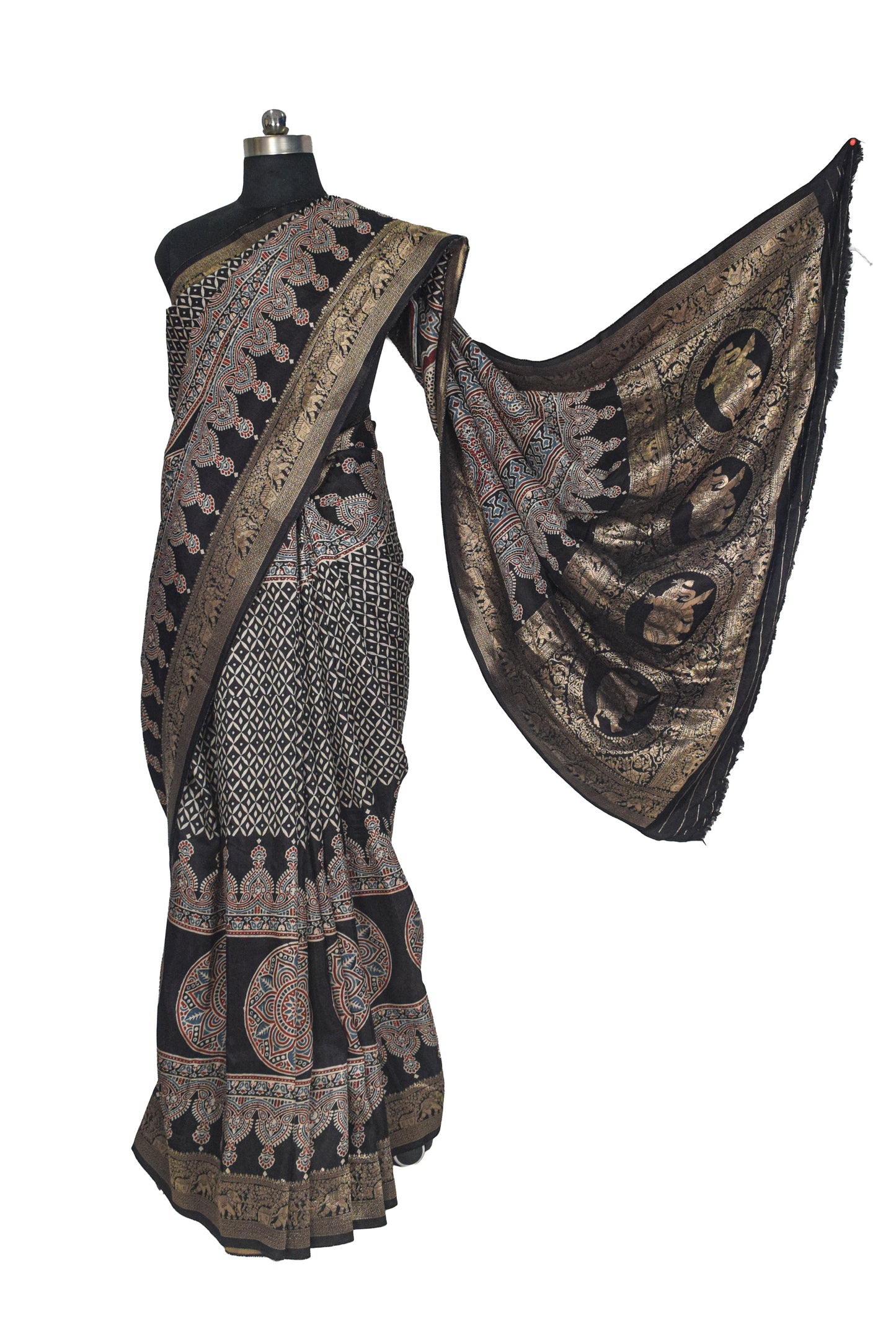 Ajrakh Dola Silk Natural Dye Hand Block Print Saree With Full nakshi Border & Pallu - With Blouse Piece - 5.5 Mtr Length    -  SKU : KK22701F