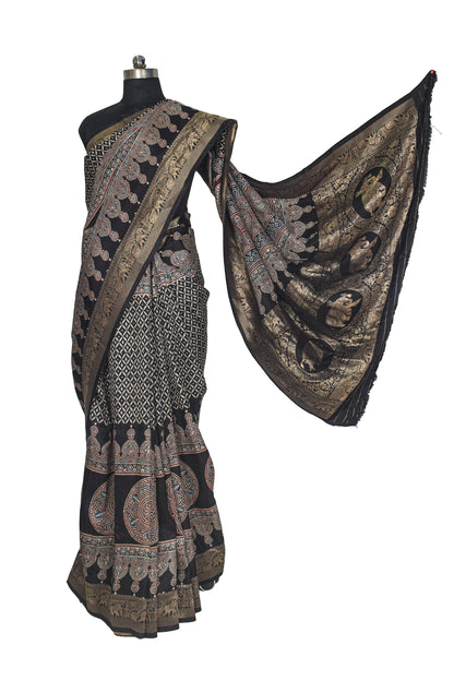 Ajrakh Dola Silk Natural Dye Hand Block Print Saree With Full nakshi Border & Pallu - With Blouse Piece - 5.5 Mtr Length    -  SKU : KK22701F