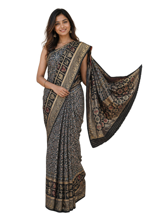 Ajrakh Dola Silk Natural Dye Hand Block Print Saree With Full nakshi Border & Pallu - 5.5 Mtr Length + 0.85 Mtr Blouse Piece    -  SKU : KK23A01A