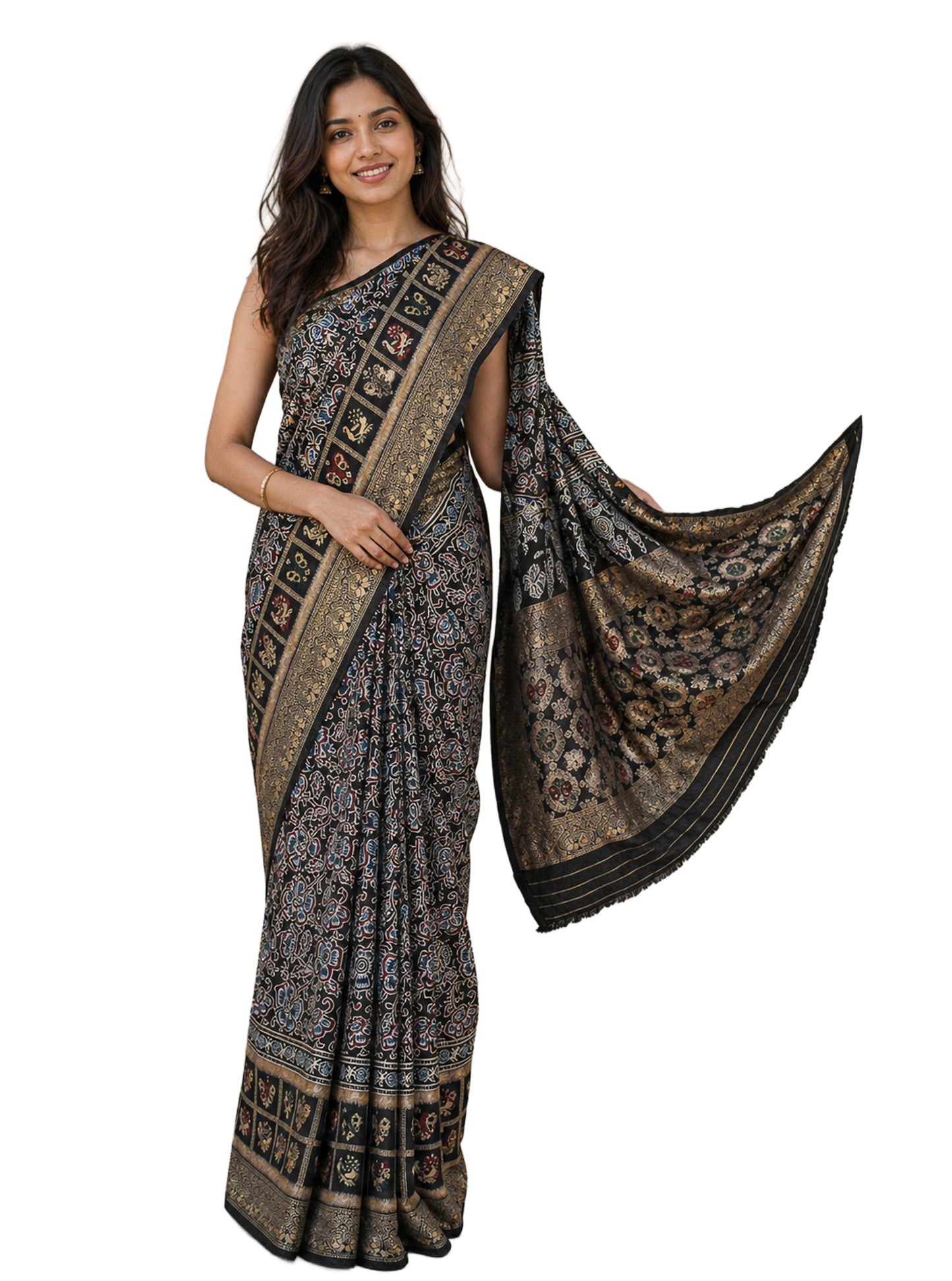 Ajrakh Dola Silk Natural Dye Hand Block Print Saree With Full nakshi Border & Pallu - 5.5 Mtr Length + 0.85 Mtr Blouse Piece    -  SKU : KK23A01A