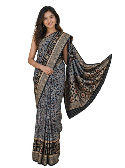 Ajrakh Dola Silk Natural Dye Hand Block Print Saree With Full nakshi Border & Pallu - 5.5 Mtr Length + 0.85 Mtr Blouse Piece    -  SKU : KK23A01K