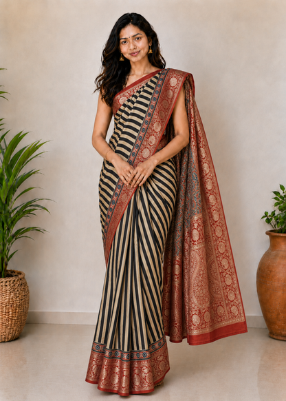 Ajrakh Dola Silk Natural Dye Hand Block Print Saree With Full nakshi Border & Pallu - With Blouse Piece - 5.5 Mtr Length    -  SKU : KK30401B