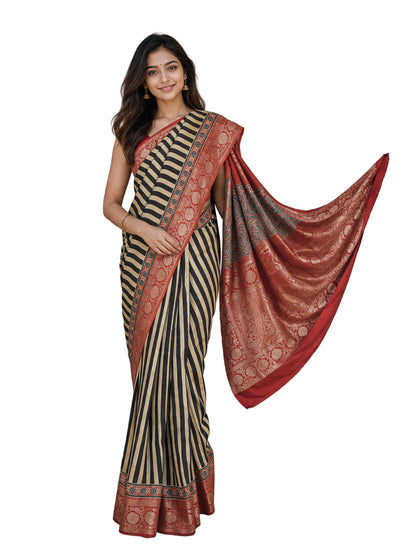 Ajrakh Dola Silk Natural Dye Hand Block Print Saree With Full nakshi Border & Pallu - With Blouse Piece - 5.5 Mtr Length    -  SKU : KK30401B
