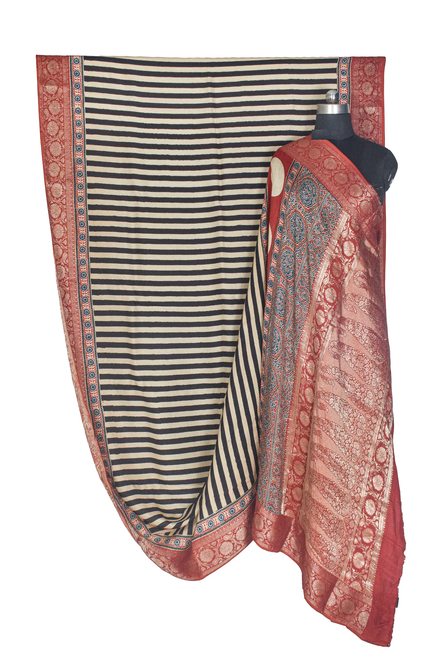 Ajrakh Dola Silk Natural Dye Hand Block Print Saree With Full nakshi Border & Pallu - With Blouse Piece - 5.5 Mtr Length    -  SKU : KK30401B