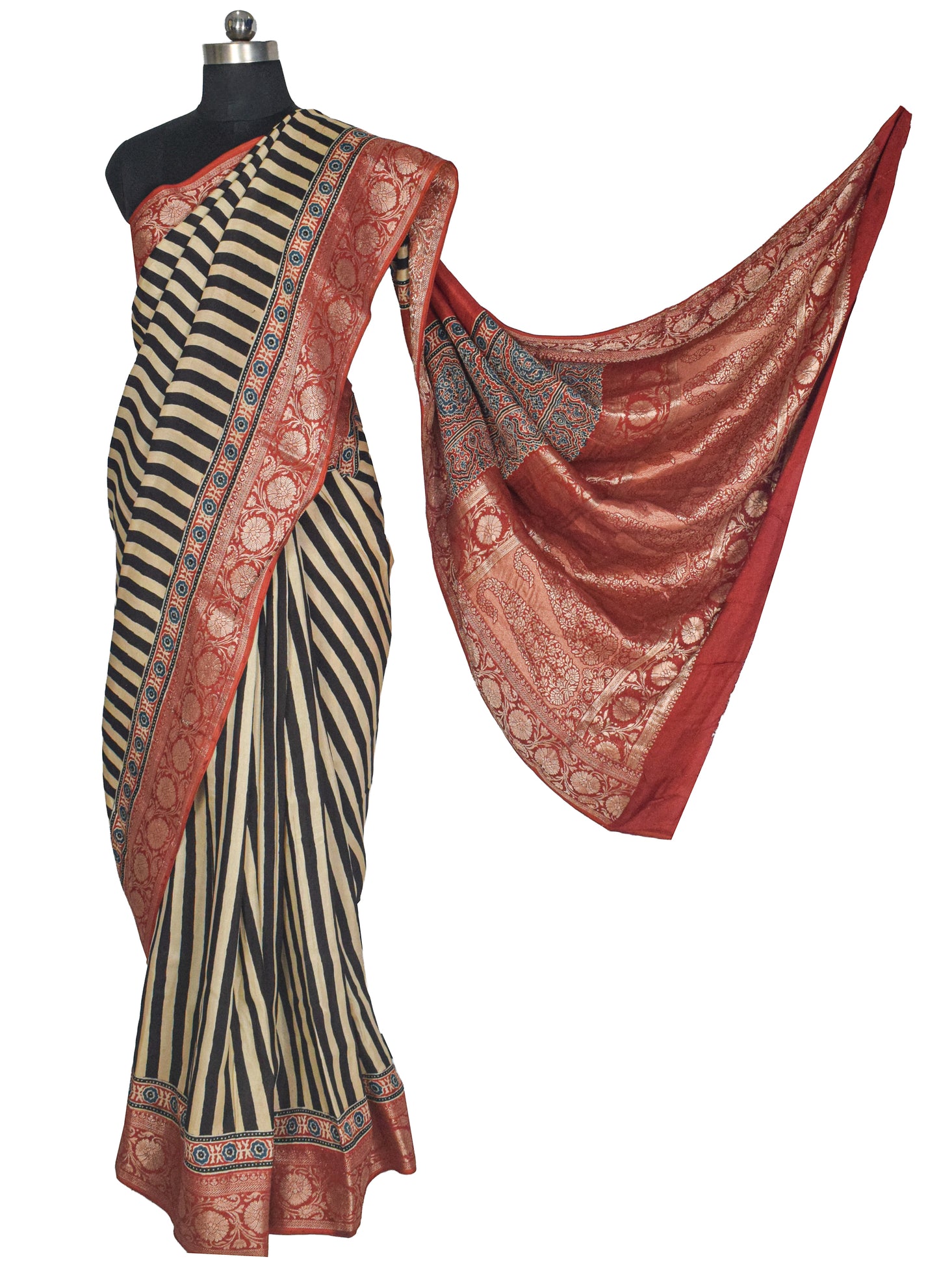 Ajrakh Dola Silk Natural Dye Hand Block Print Saree With Full nakshi Border & Pallu - With Blouse Piece - 5.5 Mtr Length    -  SKU : KK30401B