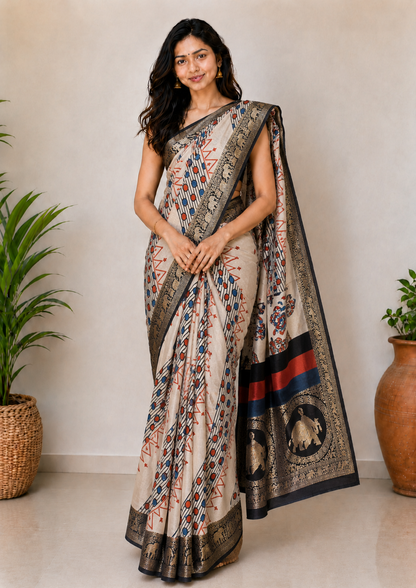 Ajrakh Dola Silk Natural Dye Hand Block Print Saree With Full nakshi Border & Pallu - With Blouse Piece - 5.5 Mtr Length    -  SKU : KK22701B