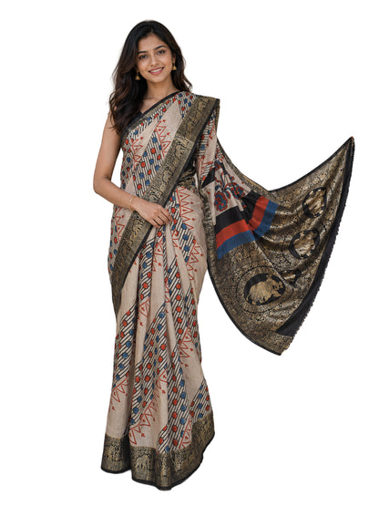 Ajrakh Dola Silk Natural Dye Hand Block Print Saree With Full nakshi Border & Pallu - With Blouse Piece - 5.5 Mtr Length    -  SKU : KK22701B