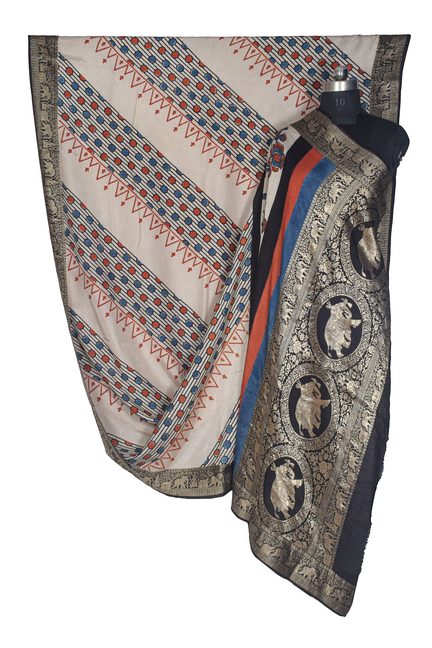 Ajrakh Dola Silk Natural Dye Hand Block Print Saree With Full nakshi Border & Pallu - With Blouse Piece - 5.5 Mtr Length    -  SKU : KK22701B