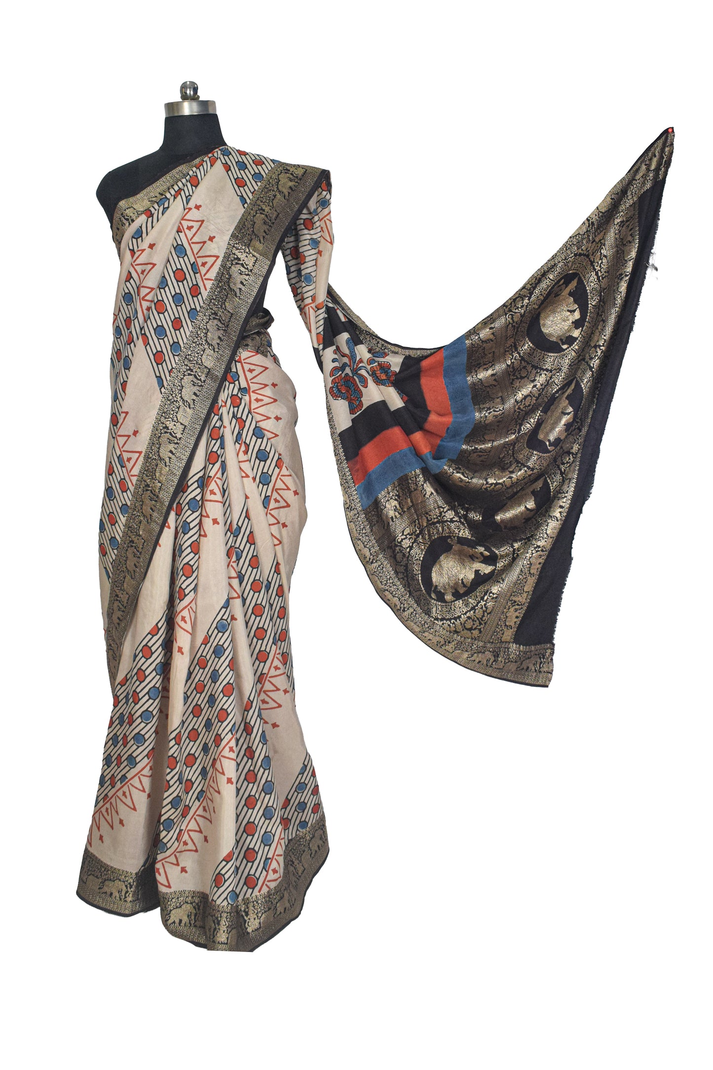 Ajrakh Dola Silk Natural Dye Hand Block Print Saree With Full nakshi Border & Pallu - With Blouse Piece - 5.5 Mtr Length    -  SKU : KK22701B