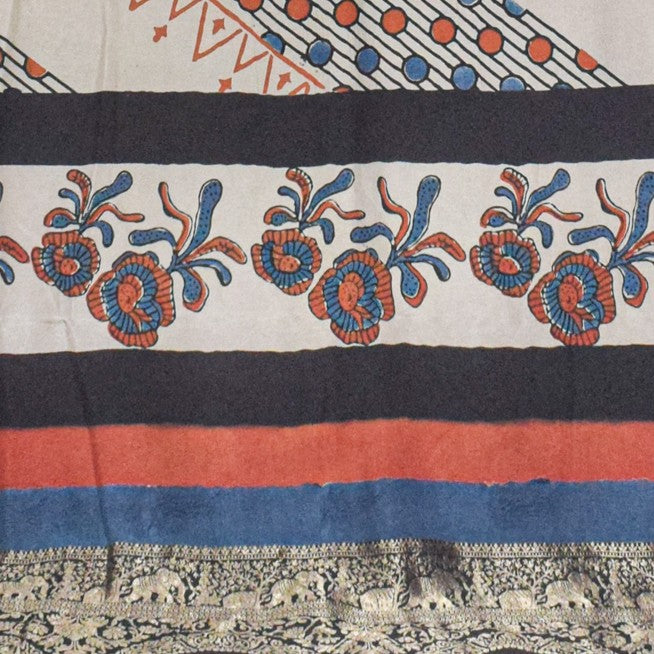 Ajrakh Dola Silk Natural Dye Hand Block Print Saree With Full nakshi Border & Pallu - With Blouse Piece - 5.5 Mtr Length    -  SKU : KK22701B