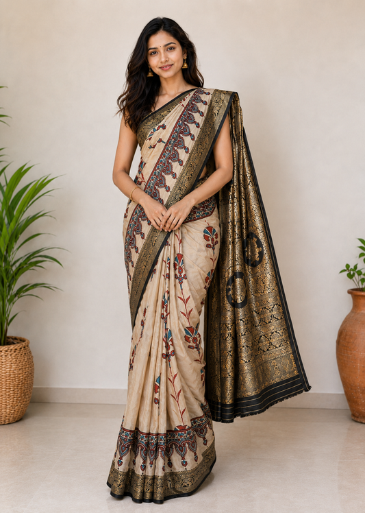 Ajrakh Dola Silk Natural Dye Hand Block Print Saree With Full nakshi Border & Pallu - With Blouse Piece - 5.5 Mtr Length    -  SKU : KK22701C