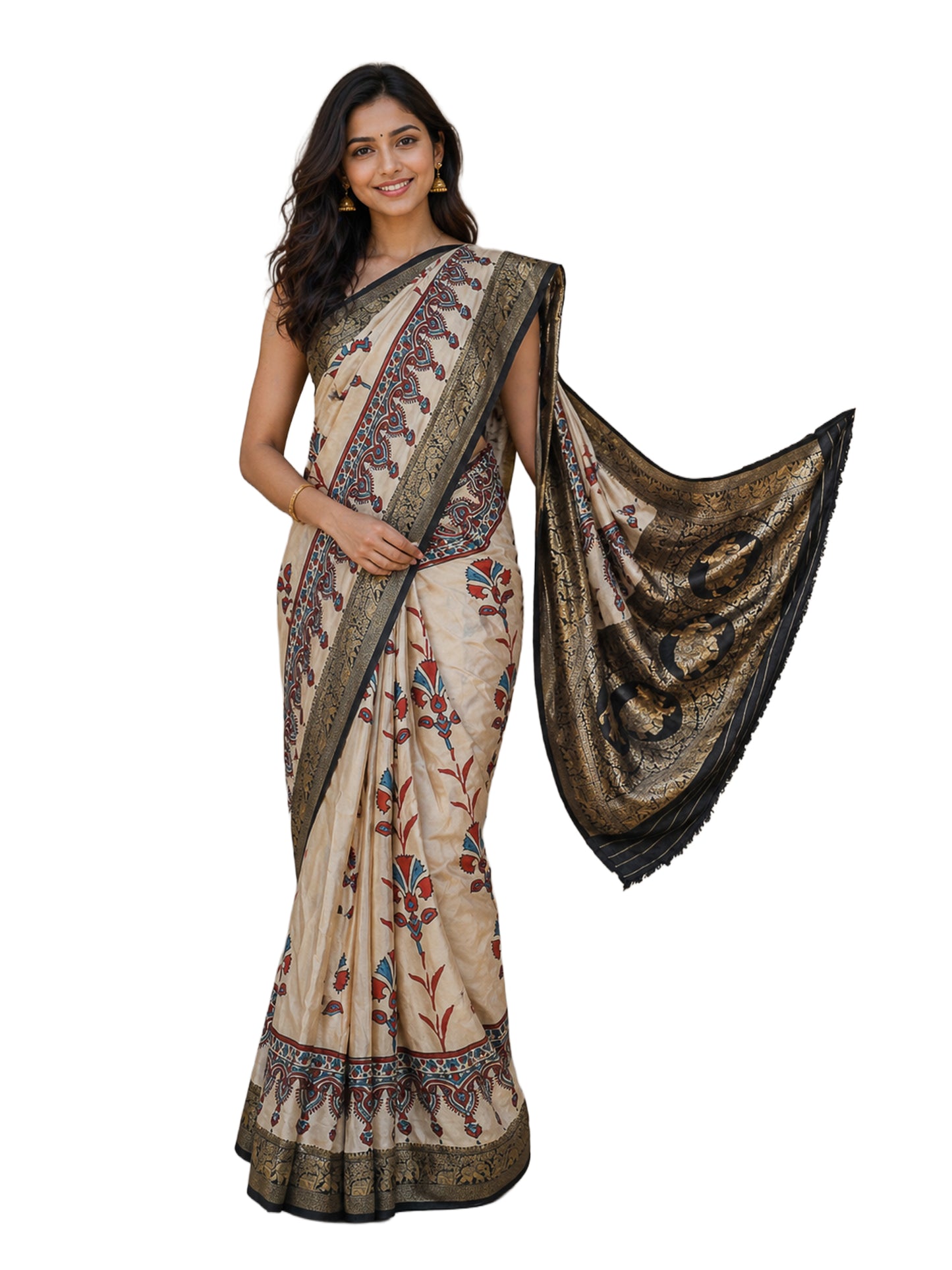 Ajrakh Dola Silk Natural Dye Hand Block Print Saree With Full nakshi Border & Pallu - With Blouse Piece - 5.5 Mtr Length    -  SKU : KK22701C