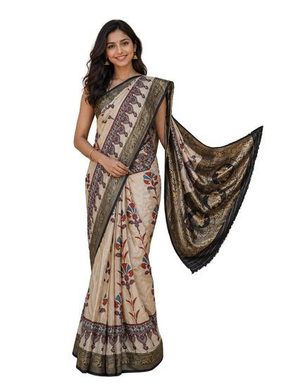 Ajrakh Dola Silk Natural Dye Hand Block Print Saree With Full nakshi Border & Pallu - With Blouse Piece - 5.5 Mtr Length    -  SKU : KK22701C