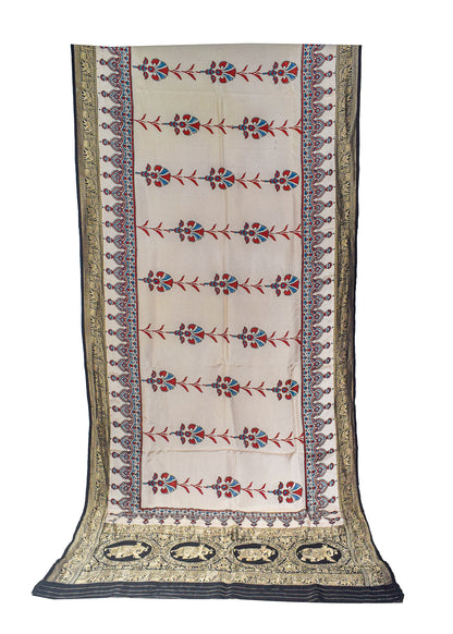Ajrakh Dola Silk Natural Dye Hand Block Print Saree With Full nakshi Border & Pallu - With Blouse Piece - 5.5 Mtr Length    -  SKU : KK22701C