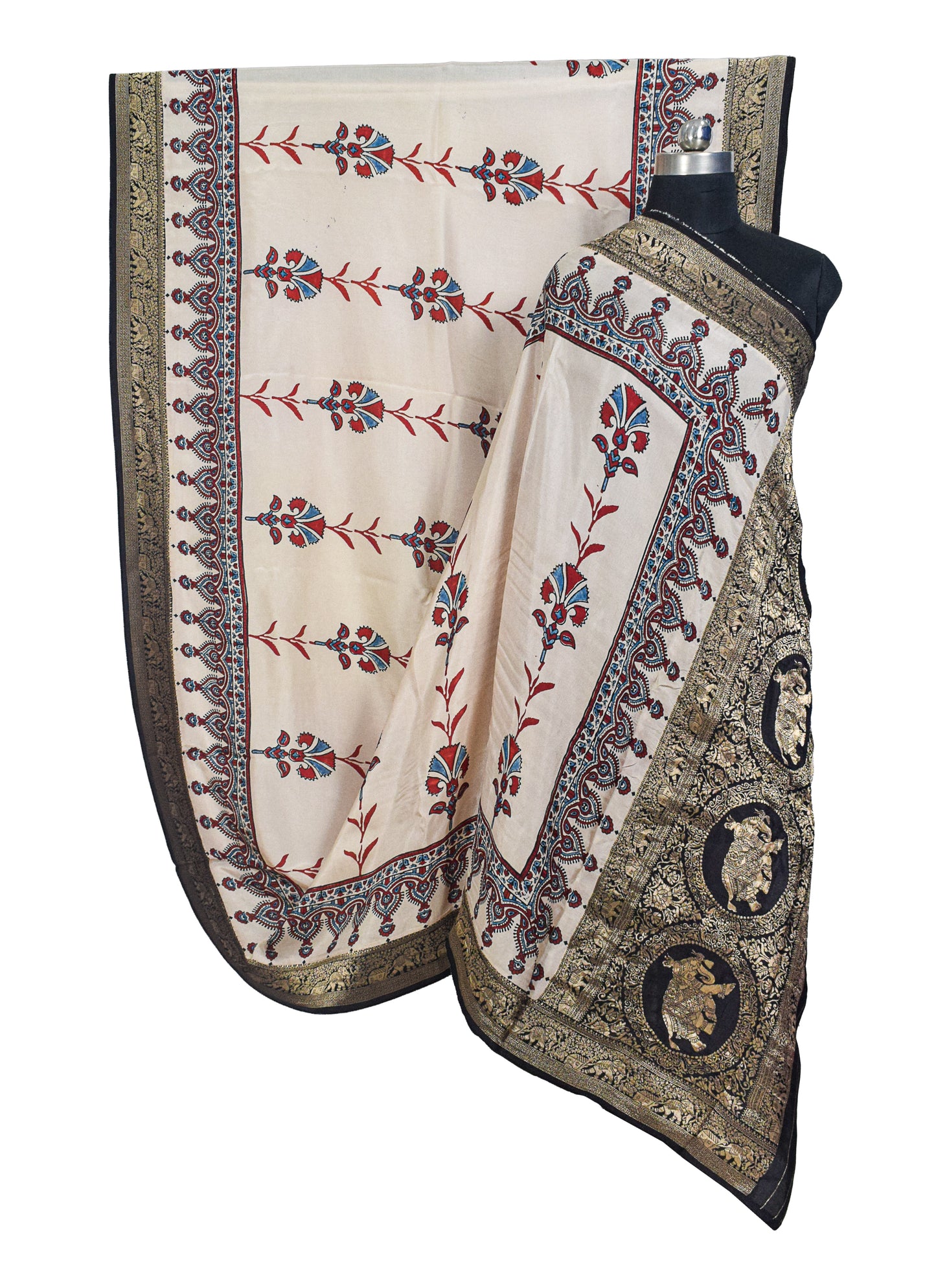 Ajrakh Dola Silk Natural Dye Hand Block Print Saree With Full nakshi Border & Pallu - With Blouse Piece - 5.5 Mtr Length    -  SKU : KK22701C