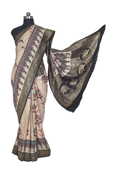 Ajrakh Dola Silk Natural Dye Hand Block Print Saree With Full nakshi Border & Pallu - With Blouse Piece - 5.5 Mtr Length    -  SKU : KK22701C
