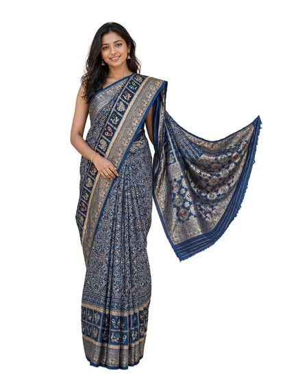 Ajrakh Dola Silk Natural Dye Hand Block Print Saree With Full nakshi Border & Pallu - 5.5 Mtr Length + 0.85 Mtr Blouse Piece    -  SKU : KK23A01A