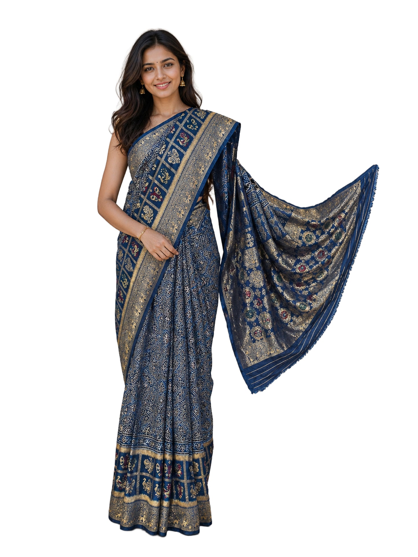 Ajrakh Dola Silk Natural Dye Hand Block Print Saree With Full nakshi Border & Pallu - 5.5 Mtr Length + 0.85 Mtr Blouse Piece    -  SKU : KK23A01A