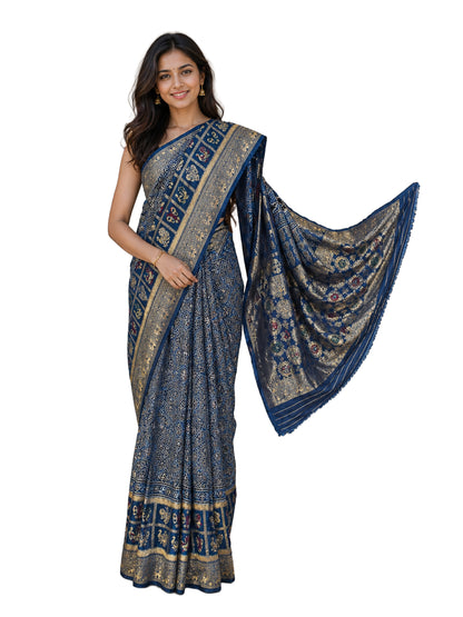 Ajrakh Dola Silk Natural Dye Hand Block Print Saree With Full nakshi Border & Pallu - 5.5 Mtr Length + 0.85 Mtr Blouse Piece    -  SKU : KK23A01A