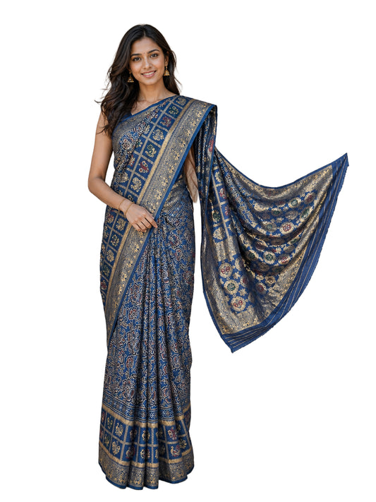 Ajrakh Dola Silk Natural Dye Hand Block Print Saree With Full nakshi Border & Pallu - 5.5 Mtr Length + 0.85 Mtr Blouse Piece    -  SKU : KK23A01A