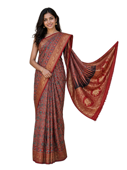 Ajrakh Dola Silk Natural Dye Hand Block Print Saree With Full nakshi Border & Pallu - With Blouse Piece - 5.5 Mtr Length    -  SKU : KK22701A