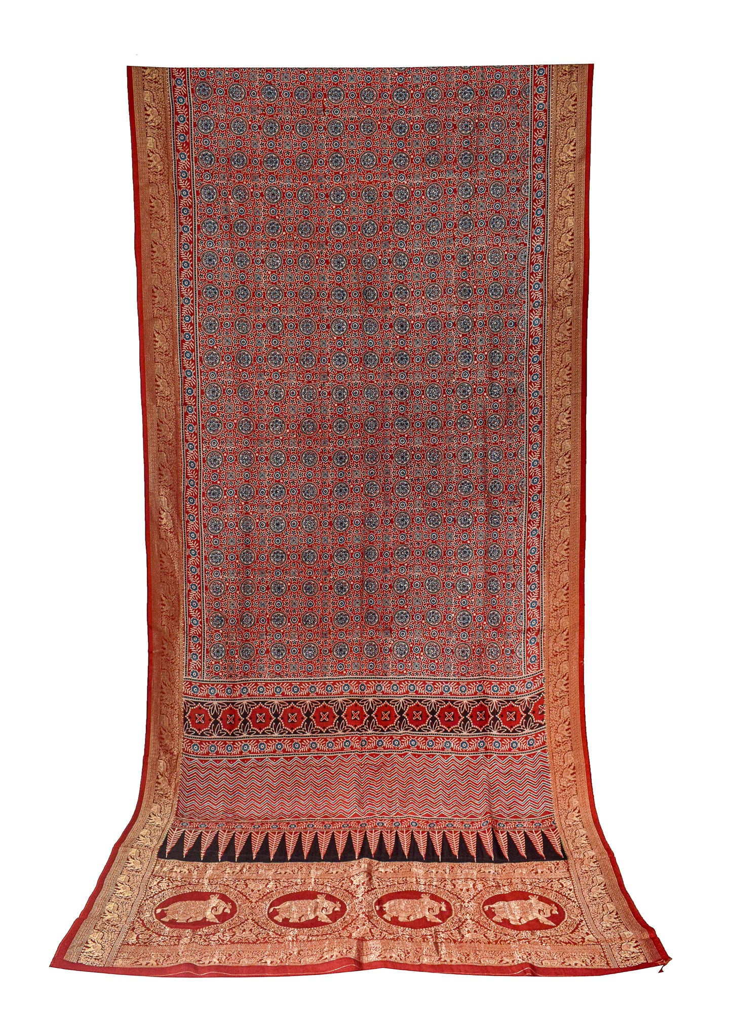 Ajrakh Dola Silk Natural Dye Hand Block Print Saree With Full nakshi Border & Pallu - With Blouse Piece - 5.5 Mtr Length    -  SKU : KK22701A