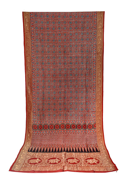 Ajrakh Dola Silk Natural Dye Hand Block Print Saree With Full nakshi Border & Pallu - With Blouse Piece - 5.5 Mtr Length    -  SKU : KK22701A